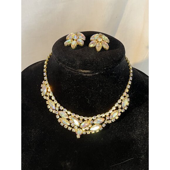 Vintage Irredescent Rhinestone Necklace & Clip On Earrings Set - Picture 15 of 15